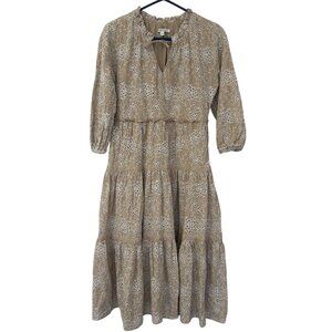 Chicos Beige White Eyelet Cotton Lined Midi Peasant Dress Size 8 (1) Cottagecore